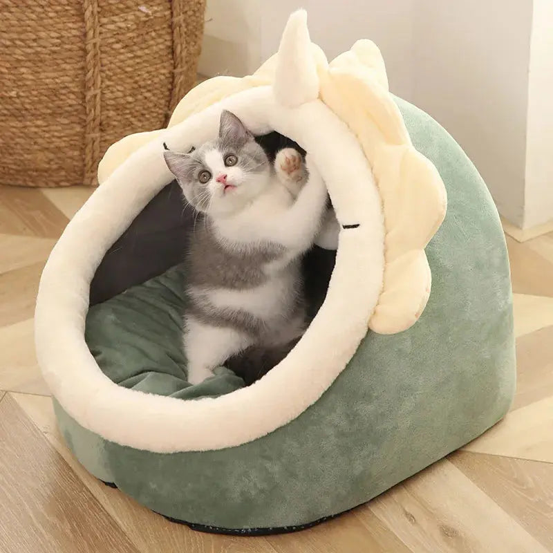 Panier pour chat semi-fermé avec oreilles décoratives – coussin amovible Moustache & Cie
