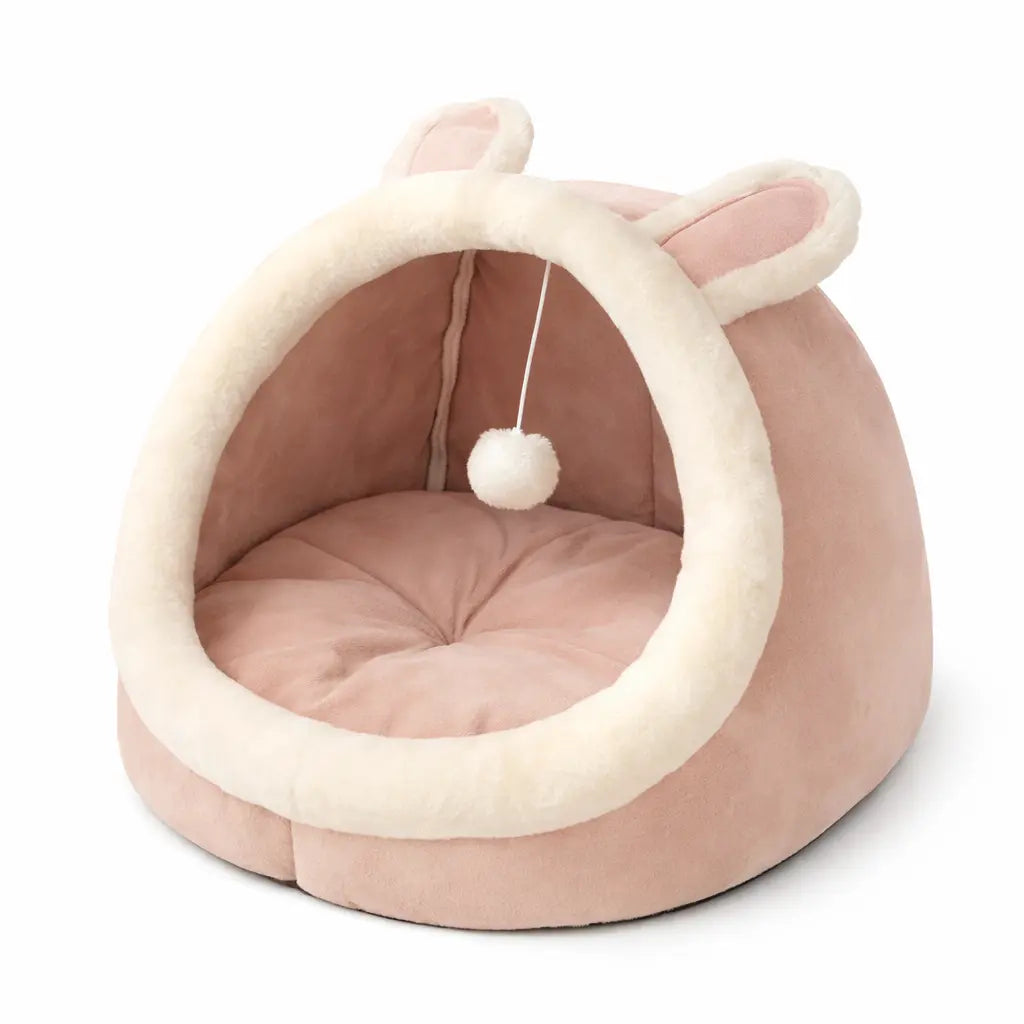 Panier pour chat semi-fermé avec oreilles décoratives – coussin amovible Moustache & Cie