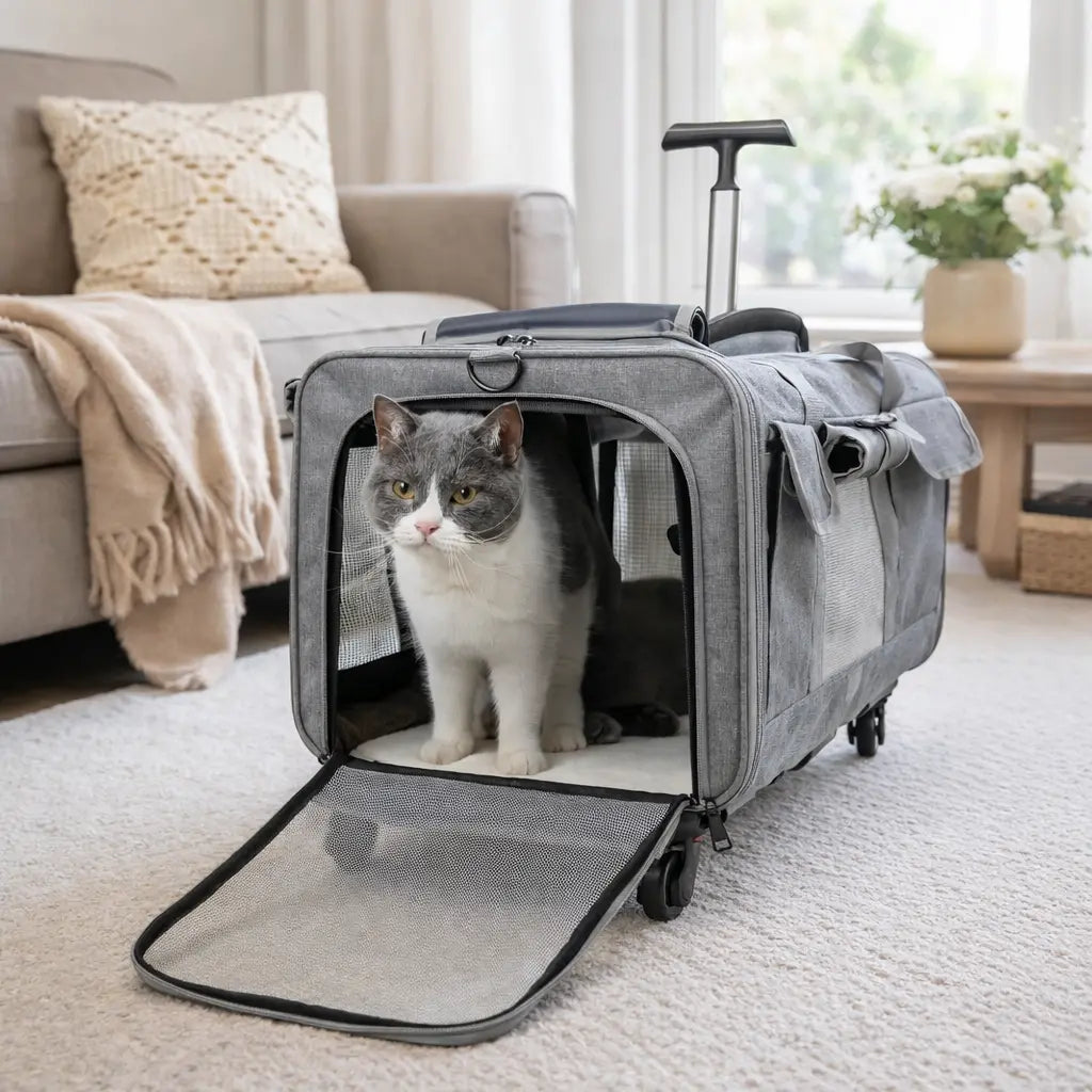 Sac de transport pour chat à roulettes – style valise, confortable et pratique Moustache & Cie