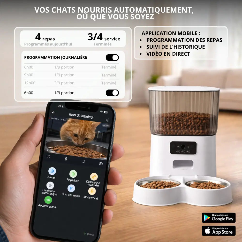 Distributeur Automatique de Croquettes Connecté avec Caméra — Réservoir 5L, Programmable, Acier Inoxydable Moustache & Cie