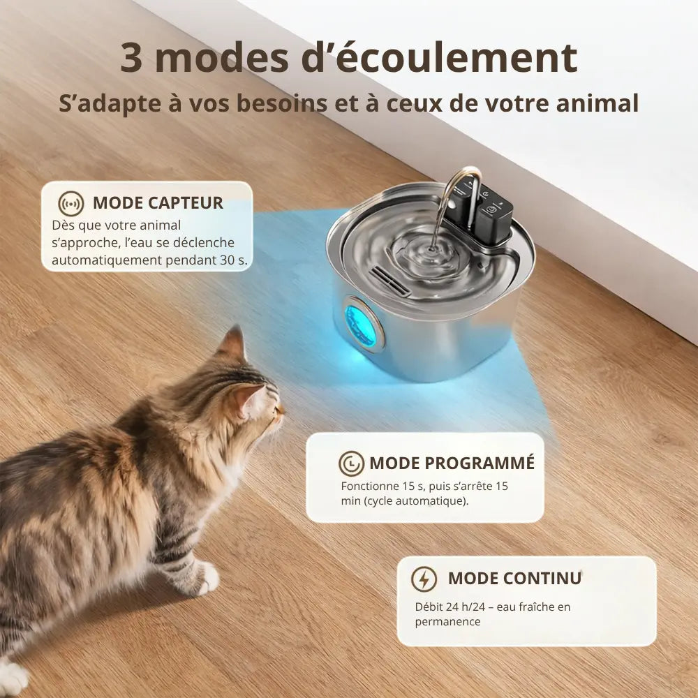 Fontaine à Eau pour Chat Sans Fil – Inox, 3,2L, Détection Intelligente, Hydratation Optimale Moustache & Cie