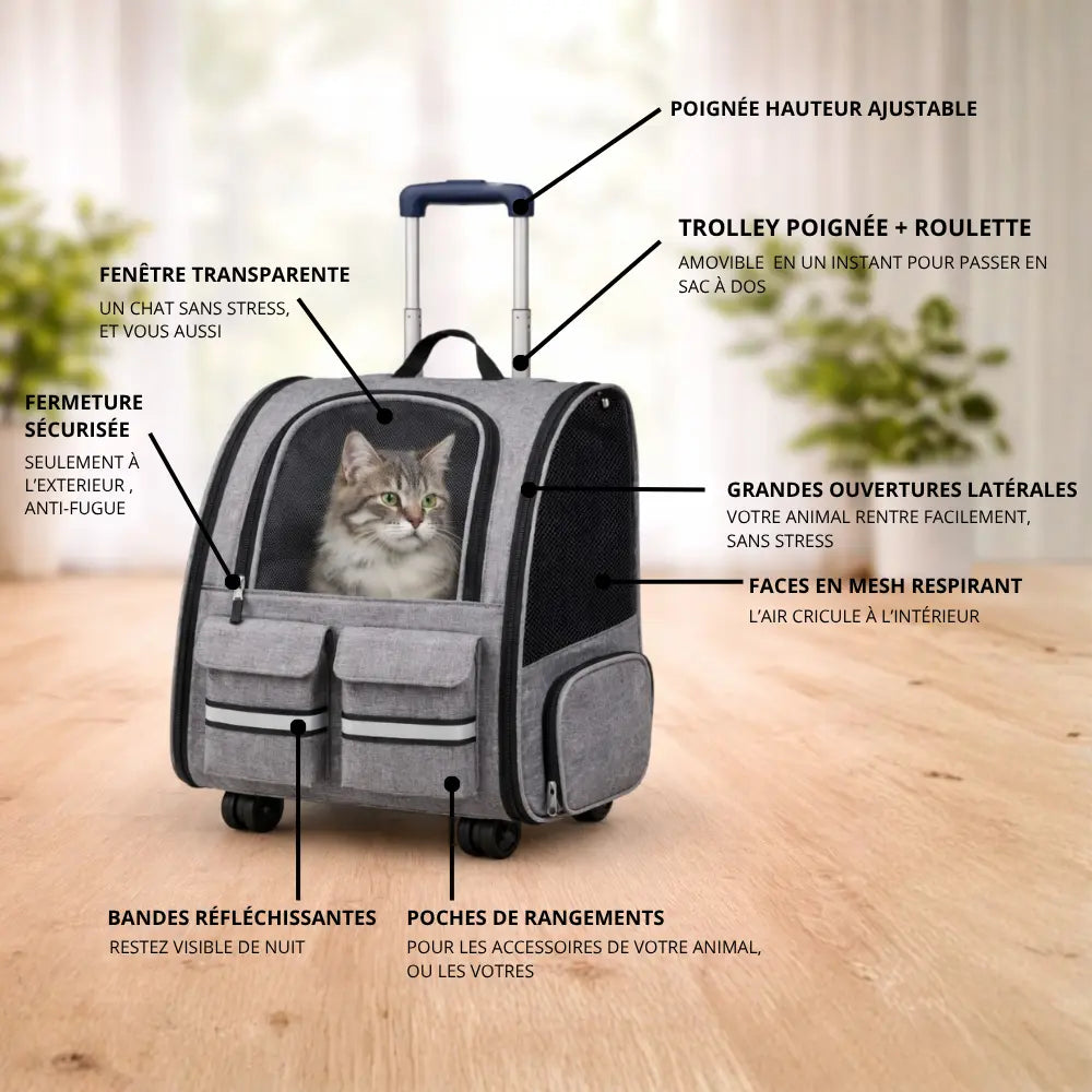 Sac à Dos de Transport à Roulettes pour Chat et Chien | Premium, Ventilé, Compatible Cabine Avion Moustache & Cie