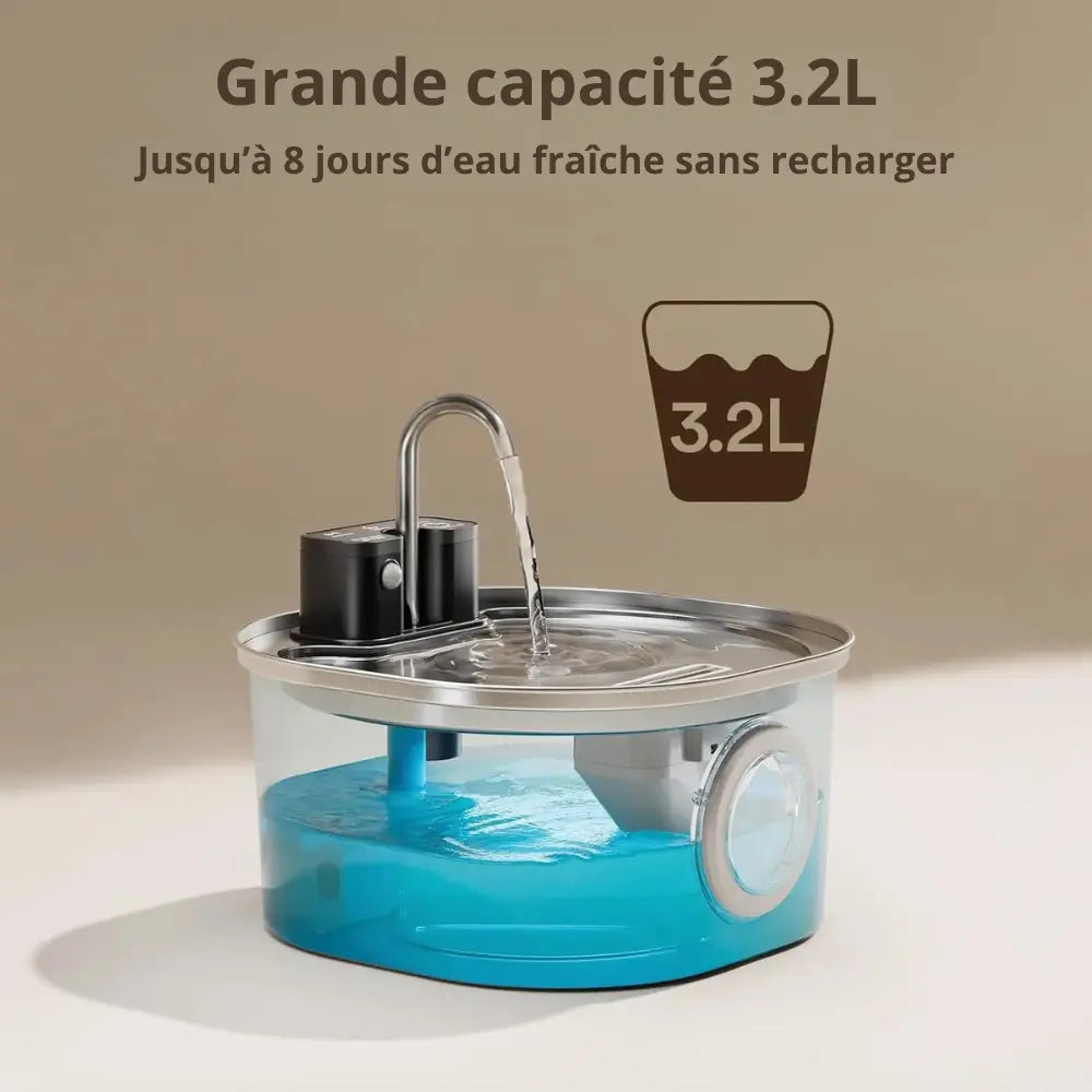 Fontaine à Eau pour Chat Sans Fil – Inox, 3,2L, Détection Intelligente, Hydratation Optimale Moustache & Cie