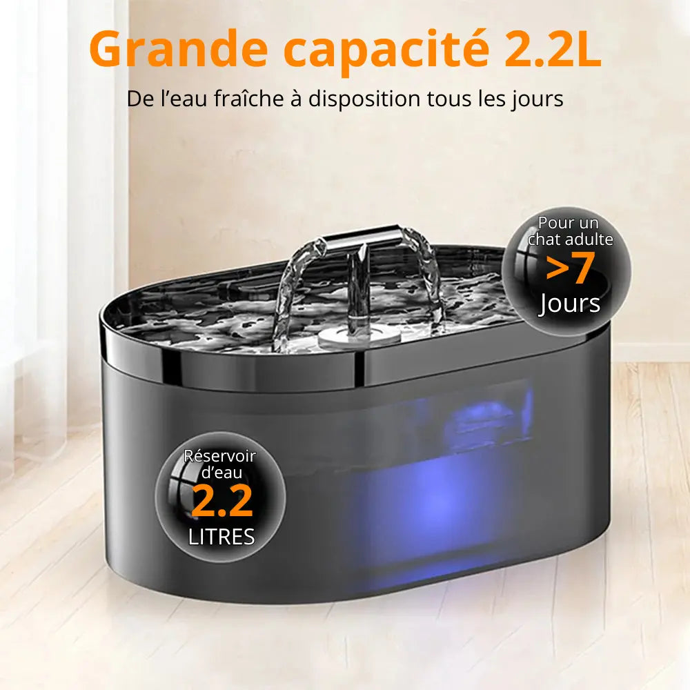 Fontaine à Eau pour Chat Silencieuse – 2,2L, Format Compact & Stable Moustache & Cie